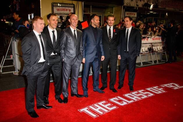 Paul Scholes, Phil Neville, Nicky Butt, Ryan Giggs, David Beckham and Gary Neville attend The World Premiere of The Class of 92 . Odeon West End, London, United Kingdom. Sunday, 1st December 2013. Picture by Chris Joseph i-Images ChrisxJosephx xi-Images  IIM-0957-0022