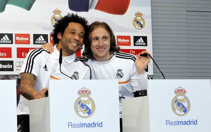 Press conference of the Real Madrid players that will play at 2014 Brasil World Cup. In this picture, Marcelo (BRA) and Luka Modric (CRO). xCHEMAxREYx 