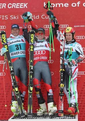 SKI ALPIN - FIS WC Beaver Creek, RTL, Herren BEAVER CREEK,COLORADO,USA,08.DEZ.13 - SKI ALPIN - FIS Weltcup, Riesentorlauf der Herren, Siegerehrung. Bild zeigt den Jubel von Bode Miller (USA), Ted Ligety (USA) und Marcel Hirscher (AUT). 