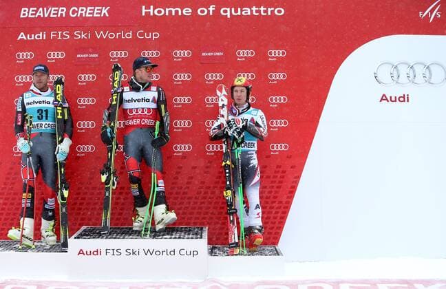 SKI ALPIN - FIS WC Beaver Creek, RTL, Herren BEAVER CREEK,COLORADO,USA,08.DEZ.13 - SKI ALPIN - FIS Weltcup, Riesentorlauf der Herren, Siegerehrung. Bild zeigt Bode Miller (USA), Ted Ligety (USA) und Marcel Hirscher (AUT). 