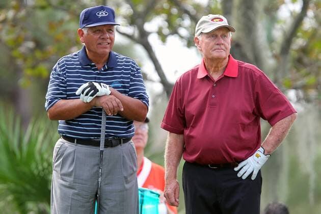 14 DEC 2013: Lee Trevino and Jack Nicklaus watch a tee shot during the first round of the PNC Father-Son Challenge at The Ritz-Carlton Golf Club in Orlando, Florida. GOLF: DEC 14 PNC Father-Son Challenge - 1st Round Icon357131214225 EDITORIAL USE ONLY