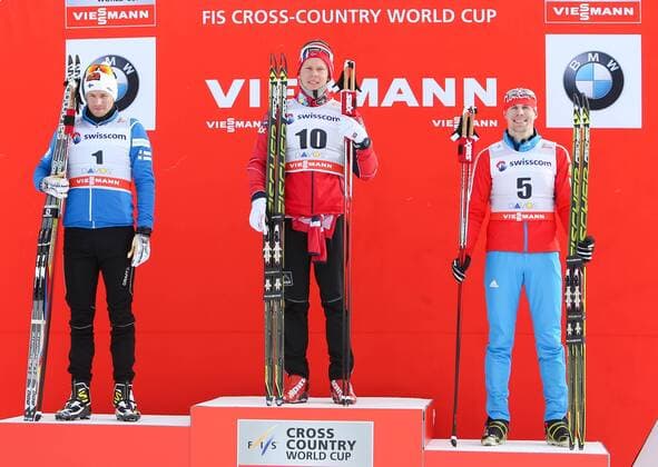 SKI NORDISCH - FIS WC Davos, 1,5km Sprint, Herren DAVOS,SCHWEIZ,15.DEZ.13 - SKI NORDISCH, LANGLAUF - FIS Weltcup, 1,5km Sprint der Herren, Freistil, Siegerehrung. Bild zeigt Martti Jylhae (FIN), Anders Gloeersen (NOR) und Sergey Ustiugov (RUS). 