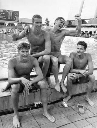100m Freistil Staffel BR Deutschland, Europameister 1985, v.li.: Thomas Fahrner, Michael Groß, Alexander Schowtka und Andre Schadt