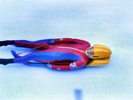 Luge - 1976 Innsbruck Winter Olympics - Women s Singles West Germany s Elisabeth Demleitner, who won the bronze medal at the Artficial Bob and Luge Track, Igls, Austria. She is wearing the new aerodynamically designed helmet, which were nicknamed âÄœeggheadsâÄ due to their shape, which the West German team bought to the competition. 07 02 1976 