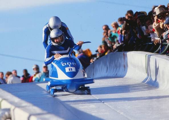 Bobsleigh - 1988 Calgary Winter Olympics - Man s Two The East Germany One team - Wolfgang Hoppe, Bogdan Musiol - who won the silver medal at the Canada Olympic Park, Calgary. 20 02 1988 