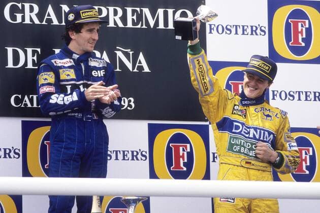 SPANISH FORMULA ONE GRAND PRIX AT BARCELONA CATALUNYA CIRCUIT ON MAY 9th 1993. PODIUM WITH WINNER ON WILLIAMS RENAULT,FRENCH ALAIN PROST HERE NEXT TO BENETTON FORD MICHAEL SCHUMACHER FINISHING THIRD. - Michael Schumacher - BernardAsset Panoramic 
