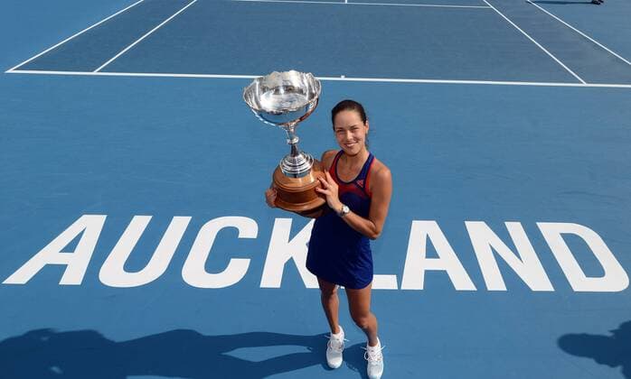 04.01.2014. Auckland, New Zealand. Serbia s Ana Ivanovic poses fwith the ASB Classic Trophy after winning the singles final at the ASB Classic Women s International. ASB Tennis Centre, Auckland, New Zealand. Saturday 4 January 2014. xAndrewxCornagax  ActionPlus20348438