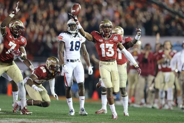 Jan. 6, 2014 - Pasadena, California, United States of America - Defensive back Jalen Ramsey 13 of the Florida State Seminoles, celebrates a fumble recovery in the first half. During the BCS Championship Game in Pasadena, California. Between the 1 ranked Florida State Seminoles and the 2 ranked Auburn Tigers. The final game of the Bowl Championship Series, before moving to a four team playoff system. NCAA College League USA Football 2014 - Jan 6 - BCS Championship Game - Florida St vs Auburn - ZUMAl30