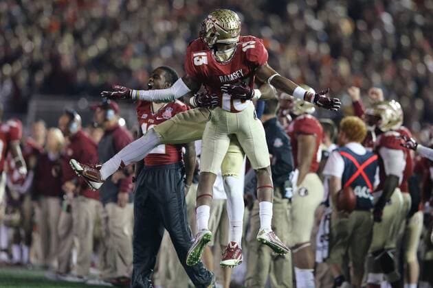 Jan. 6, 2014 - Pasadena, California, United States of America - Defensive back Jalen Ramsey 13 of the Florida State Seminoles, celebrates a fumble recovery in the first half. During the BCS Championship Game in Pasadena, California. Between the 1 ranked Florida State Seminoles and the 2 ranked Auburn Tigers. The final game of the Bowl Championship Series, before moving to a four team playoff system. NCAA College League USA Football 2014 - Jan 6 - BCS Championship Game - Florida St vs Auburn - ZUMAl30