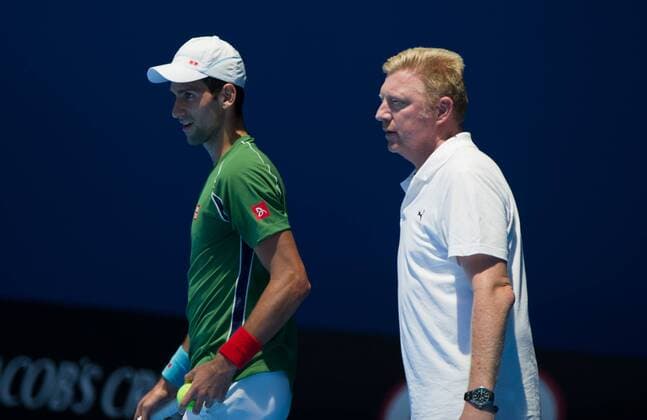 (140108) -- MELBOURNE, Jan. 8, 2014 (Xinhua) -- Novak Djokovic (L) of Serbia and his coach Boris Becker attend a training session ahead of 2014 Australian Open in Melbourne, Australia, on Jan. 8, 2014. (Xinhua Bai Xue) (SP)AUSTRALIA-MELBOURNE-TENNIS-DJOKOVIC 