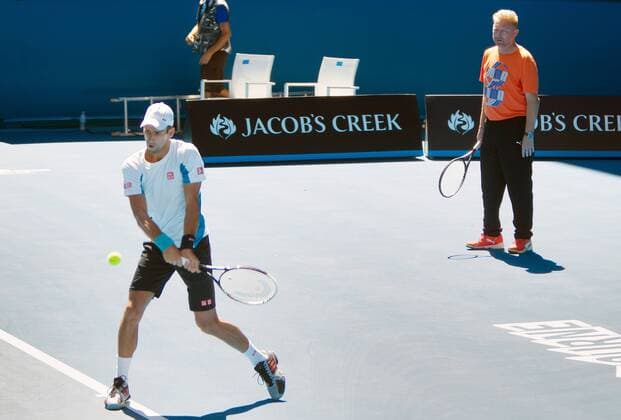 TENNIS - ATP, Australian Open 2014 MELBOURNE,AUSTRALIEN,11.JAN.14 - TENNIS - ATP Tennis Herren World Tour, Grand Slam, Australian Open, Training. Bild zeigt Novak Djokovic (SRB) und Trainer Boris Becker. 