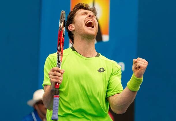 TENNIS - ATP, Australian Open 2014 MELBOURNE,AUSTRALIEN,11.JAN.14 - TENNIS - ATP Tennis Herren World Tour, Grand Slam, Australian Open, Qualifikation. Bild zeigt den Jubel von Michael Berrer (GER). 