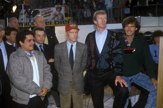 v.li. Carlos Lavado (Venezuela), Niki Lauda (Österreich McLaren), Walter Röhrl (Deutschland), Christian Danner (Deutschland) - Greger Racing Show in der Olympiahalle München