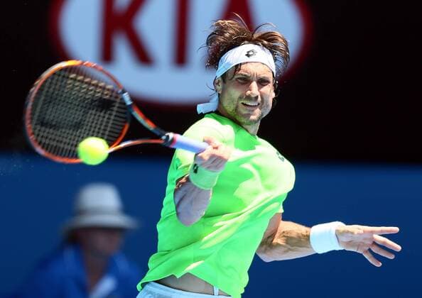 (140113) -- MELBOURNE, Jan. 13, 2014 (Xinhua) -- Spain s David Ferrer plays a shot during his men s singles match on day one of the 2014 Australian Open tennis tournament in Melbourne on January 13, 2014. (Xinhua Li Peng) (SP)AUSTRALIA-MELBOURNE-TENNIS-AUSTRALIA OPEN 