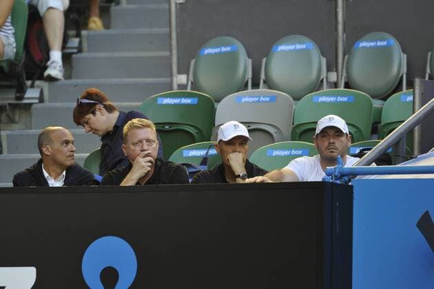 13.01.2014 Melbourne, Australia. Novak Djokovic s coaching team with Boris Becker on day one of the Australian Open from Melbourne Park. xEssixLimx  ActionPlus20163324