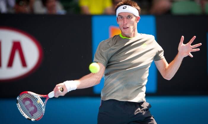 Jan. 15, 2014 - Melbourne, Victoria, Australia - Argentinian Leonardo Mayer in third day, second round play. Melbourn s Rod Laver Arena. 2014 Tennis - Australian Open - Day 3 - ZUMAkh1