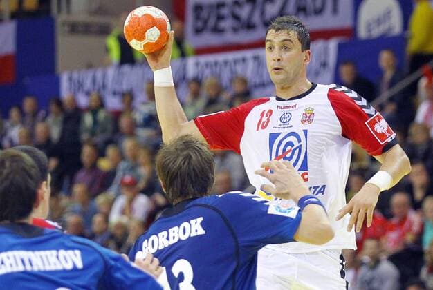 AARHUS 15.01.2014 HANDBALL 11TH MEN S EUROPEAN HANDBALL CHAMPIONSHIP EHF EURO 2014 GROUP C RUSSIA - SERBIA SERGEI GORBOK RUSSIA MOMIR ILIC SERBIA  140115MIN035