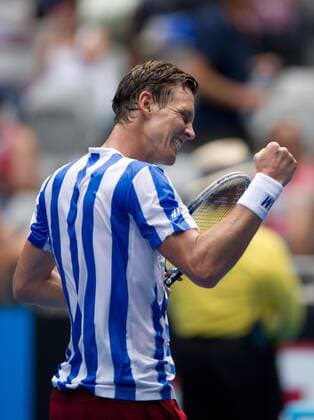 (140117) -- MELBOURNE, Jan. 17, 2014 (Xinhua) -- Tomas Berdych of Czech Republic reacts during the men s singles 3rd round match at the 2014 Australian Open tennis tournament in Melbourne on Jan. 17, 2014. Tomas Berdych won 3-0. (Xinhua Bai Xue) (SP)AUSTRALIA-MELBOURNE-TENNIS-AUSTRALIAN OPEN 