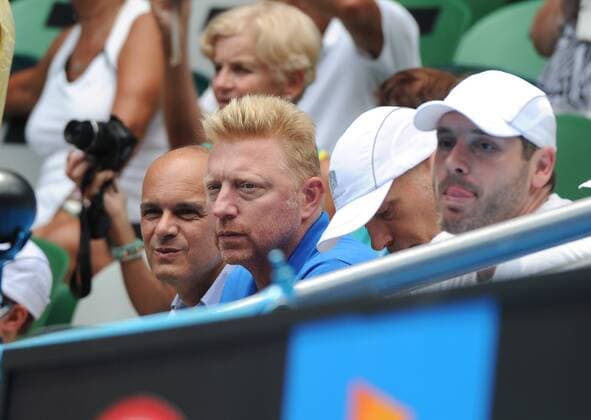 Australian Open 2014 Melbourne team von Novak Djokovic mit Edoardo Artaldi, Boris Becker, Gebhard Phil-Gritsch und Miljan Mladenovic