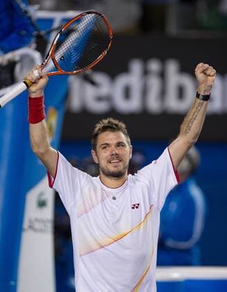 Stanislas Wawrinka of Switzerland celebrates victory after his men s singles fourth round match at 2014 Australian Open tennis tournament in Melbourne, Australia on Jan. 19, 2014. (Xinhua Bai Xue) (SP)AUSTRALIA-MELBOURNE-TENNIS 