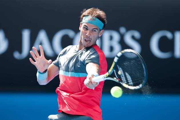 Jan. 20, 2014 - Melbourne, Australia - January 20, 2014: 1st seed Rafael NADAL (ESP) in action action in a 4th round match on day 8 of the 2014 Australian Open grand slam tennis tournament at Melbourne Park in Melbourne, Australia. SydneyLow Cal Media Tennis 2014: Australian Open JAN 20 - ZUMAc04