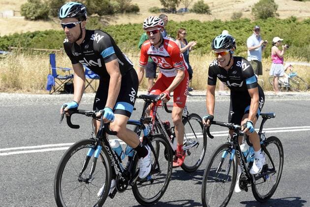 Bernhard EISEL (AUT) und Richie PORTE ( AUS beide Team SKY Procycling ) bei der Arbeit im Rennen - Querformat - quer - horizontal - Event Veranstaltung: Santos Tour Down Under 2014 - Stage1 1.Etappe: Nuriootpa - Angaston 135.0 km - Location Ort: Australien