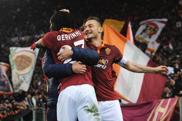 Gervinho - Francesco Totti. Goal celebration Roma 21-01-2014 Stadio Olimpico - Football Calcio Coppa Italia 2013 2014 AS Roma - Juventus Turin. andreaxstaccioli