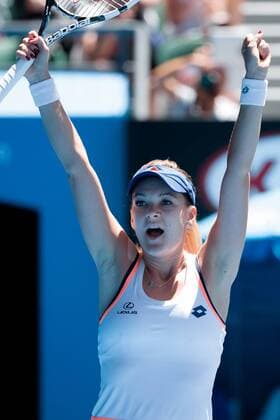 Jan. 22, 2014 - Melbourne, Victoria, Australia - January 22, 2014: 5th seed Agnieszka RADWANSKA (POL) celebrates in a Quarterfinals match on day 10 of the 2014 Australian Open grand slam tennis tournament at Melbourne Park in Melbourne, Australia. Sydney Low Cal Media Tennis 2014: Australian Open JAN 22 - ZUMAc04