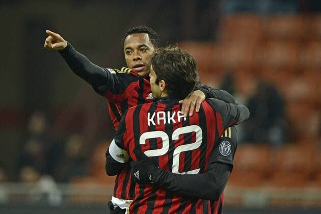Mario Balotelli 1-0 Robinho, Ricardo Kaka Milan. Celebration goal Milano 22-01-2014 Stadio Giuseppe Meazza - Football Calcio Coppa Italia 2013 2014 AC Milan vs. Udinese Calcio giuseppexceleste