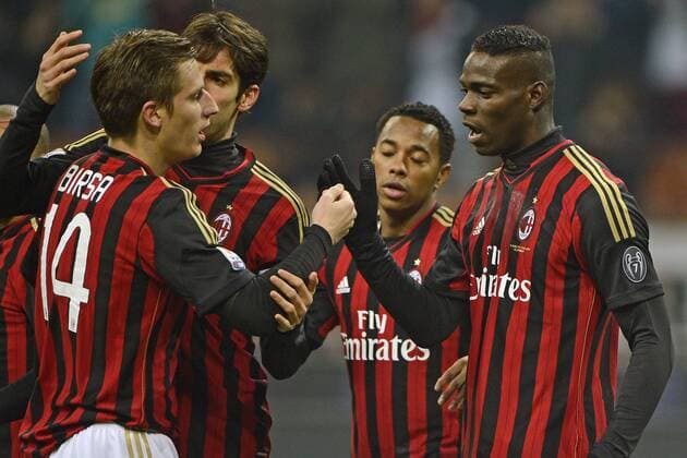 Mario Balotelli 1-0 Robinho, Ricardo Kaka, Valter Birsa Milan. Celebration goal Milano 22-01-2014 Stadio Giuseppe Meazza - Football Calcio Coppa Italia 2013 2014 AC Milan vs. Udinese Calcio giuseppexceleste