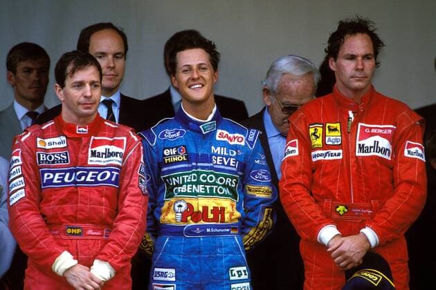 Siegerehrung GP Monaco 1994, v.li. Martin Brundle (England McLaren), Sieger Michael Schumacher (Deutschland Benetton Ford) und Gerhard Berger (Österreich Ferrari)