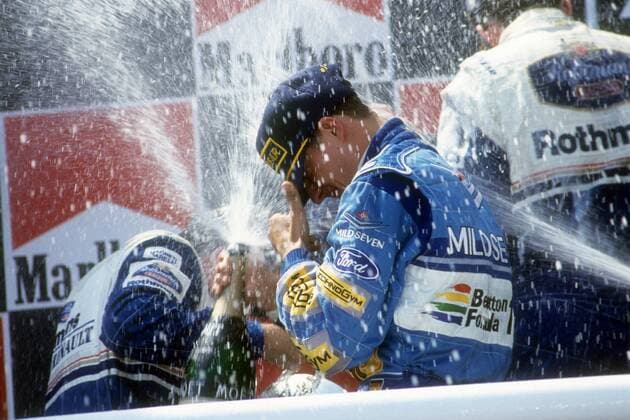 Siegerehrung GP Spanien 1994 - Der Zweite Michael Schumacher (GER Mercedes) jubelt