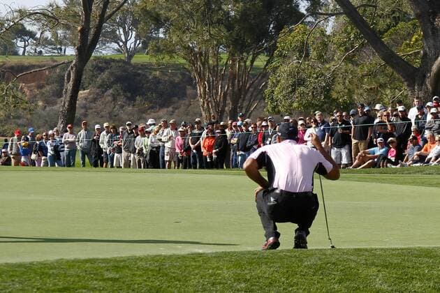 Jan. 23, 2014 - La Jolla, California, U.S - Tiger Woods lines up a putt on the 8th green during the first round of the Farmers Insurance Open golf tournament at Torrey Pines Municipal Golf Course. Farmers Insurance Open - Round 1  - ZUMAanc