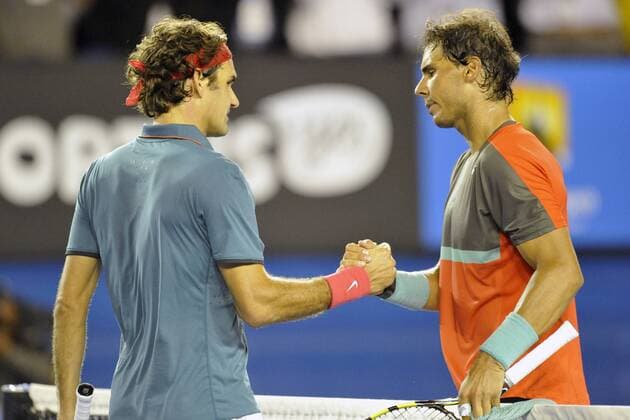 24.01.2014 Melbourne, Australia. Rafael Nadal of Spain and Roger Federer of Switzerland in action on day twelve of the Australian Open from Melbourne Park. xEssixLimx  ActionPlus11491453