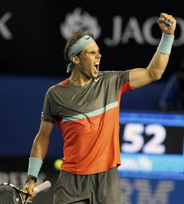 (140124) -- MELBOURNE, Jan. 24, 2014 (Xinhua) -- Rafael Nadal of Spain celebrates after winning his men s singles semifinal match at 2014 Australian Open tennis tournament in Melbourne, Australia, Jan. 24, 2014. Nadal won 3-0. (Xinhua Jin Linpeng) (SP)AUSTRALIA-MELBOURNE-TENNIS-NADAL 