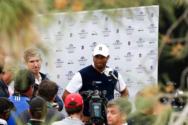 Jan. 24, 2014 - La Jolla, California, U.S - Tiger Woods interviews after the second round of the Farmers Insurance Open golf tournament at Torrey Pines Municipal Golf Course. Farmers Insurance Open - Round 2 - ZUMAw10