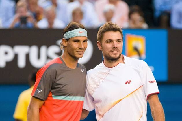 Jan. 26, 2014 - Melbourne, Victoria, Australia - January 26, 2014: 1st seed Rafael NADAL (ESP) and 8th seed Stanislas WAWRINKA (SUI) pose for a photograph before the Men s Final on day 14 of the 2014 Australian Open grand slam tennis tournament at Melbourne Park in Melbourne, Australia. Sydney Tennis 2014: Australian Open JAN 26 - ZUMAc04
