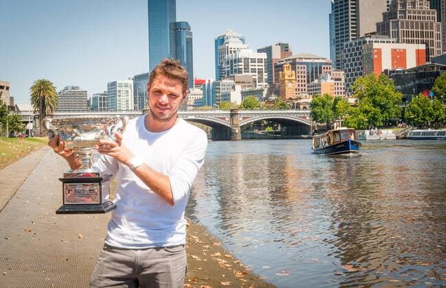 Jan. 27, 2014 - Melbourne, Victoria, Australia - Stanislaus Wawrinka of Switzerland - winner of the 2014 Australian Open Men s Singles, walks along Melbourne s Yarra River with his championship trophy during a morning photo op. Tennis 2014 - Australian Open - Wawrinka - ZUMAkh1