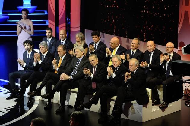 Db Milano 27 01 2014 - Gala Oscar del calcio AIC 2013 foto DanielexBuffa Image Sport pictured: Damiano Tommasi-Andrea Abodi-Renzo Ulivieri-Marcello Nicchi-Giancarlo Abete-Maurizio Beretta-Simone Perrotta-Luigi Di Biagio-Demetrio Albertini-Adriano Galliani-Giuseppe Marotta 
