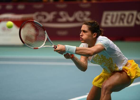 Andrea Petkovic (GER) in Aktion. Open GDF Suez, 2014, Paris, Frankreich.
