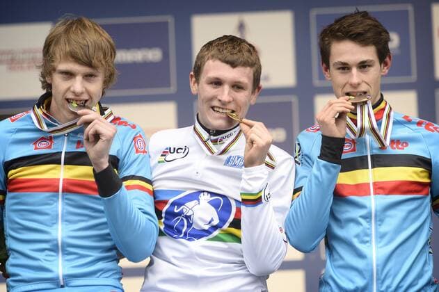 Siegerehrung : Peeters Yannick, Aerts Thijs and Schuermans Jelle (BEL) CYCLO CROSS : WM juniors homme - UCI - Hoogerheide - 01 02 2014 Photonews Panoramic 
