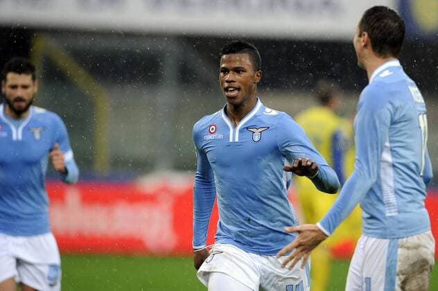 Keita Balde Lazio con Miroslav Klose, Goal celebration 0-2 Verona 02-02-2014 Stadio Bentegodi. Football Calcio Serie A 2013 2014 AC Chievo Verona - Lazio Rom. fnozxinside