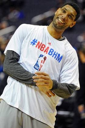 San Antonio Spurs power forward Tim Duncan (21) warms up prior to the game against the Washington Wizards at the Verizon Center in Washington, D.C. on February 05, 2014.  WAG2014020501