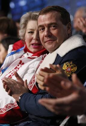 ITAR-TASS: SOCHI, RUSSIA. FEBRUARY 7, 2014. Russia s figure skating coach Tatyana Tarasova (L) and prime minister Dmitry Medvedev attend the opening ceremony of the Sochi 2014 Olympic Games at the Fisht Olympic Stadium.  premiumd RE1382AB