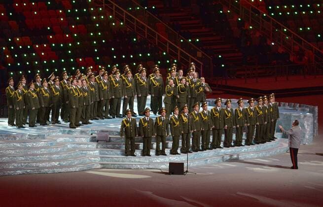 Members of the Russian Ministry of Internal Affairs choir perform a version of Daft Punk s Get Lucky before the Opening Ceremony of the Sochi 2014 Winter Olympics on February 7, 2014 in Sochi, Russia.  OLY20140207545