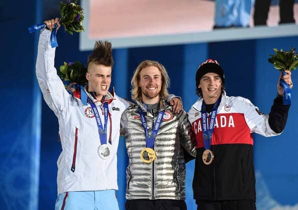(140208) -- SOCHI, Feb. 8, 2014 (Xinhua) -- Gold medalist Olympiasieger Sage Kotsenburg (C) of the United States, silver medalist Staale Sandbech (L) of Norway and bronze medalist Mark Mcmorris of Canada pose on the podium during the victory ceremony for the men s snowboard slopestyle at the Sochi 2014 Winter Olympic Games in Sochi, Russia, Feb. 8, 2014. (Xinhua Wang Haofei) (SP)OLY-RUSSIA-SOCHI-MEN S SNOWBOARD SLOPESTYLE-VICTORY CEREMONY 