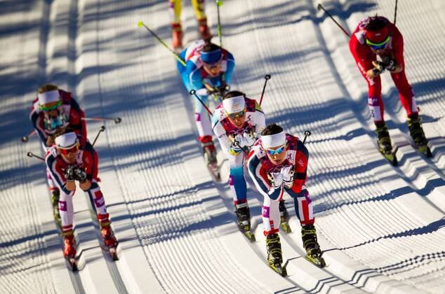 Sotschi , 080214 , Biathlon- und Langlaufzentrum Laura , Skiathlon über je 7,5 Kilometer in der klassischen und der freien Technik im Bild: Marit Björgen (Norwegen)