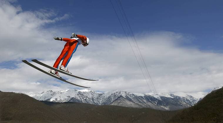 Feb. 10, 2014 - Sochi, Russia - Todd Lodwick of the USA flies off the take-off ramp during Men s Nordic Combined Normal Hill training jump at the RusSki Gorki Jump Center at the 2014 Sochi Winter Olympics. Men s Nordic Combined - Sochi 2014 - ZUMAsc5