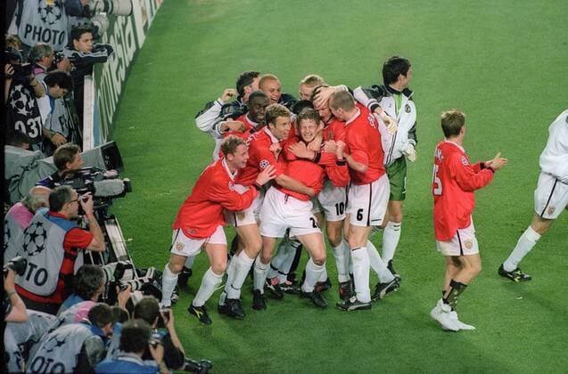 Ole Gunnar Solskjaer of Manchester Utd celebrates the winning goal - UEFA Champions League final 1999 - Manchester United vs Bayern Munich at the Now Camp Stadium, Barcelona, Spain - 26th May 1999 Pictures Simon Bellis Sportimage EDITORIAL USE ONLY. No use with unauthorised audio, video, data, fixture lists, club league logos or live services. Online in-match use limited to 120 images, no video emulation. No use in betting, games or single club league player publications.