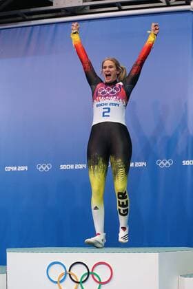 ITAR-TASS: SOCHI, RUSSIA. FEBRUARY 11, 2014. Germany s Natalie Geisenberger (Gold) celebrates winning the women s luge singles, at the 22nd Winter Olympics, at the Sanki Sliding Centre.  premiumd Aufmacher 20174796